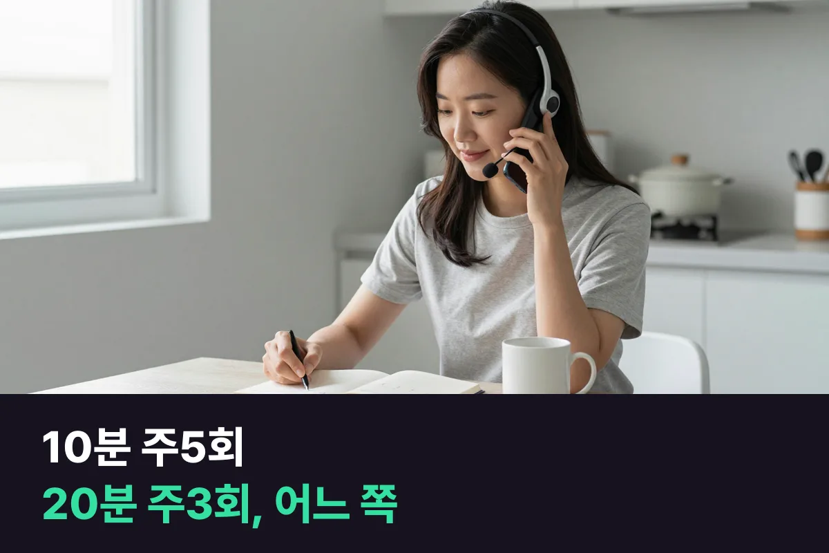전화영어 10분 주5회와 20분 주3회, 비슷한 돈을 쓴다면 습관은 어느 쪽에서 먼저 붙습니까