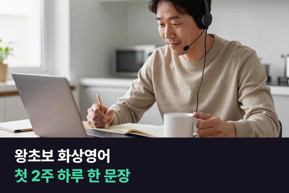 영어를 하나도 못하는 성인 왕초보는 첫 2주 동안 하루 한 문장씩 말하는 계획으로 화상영어를 시작합니다